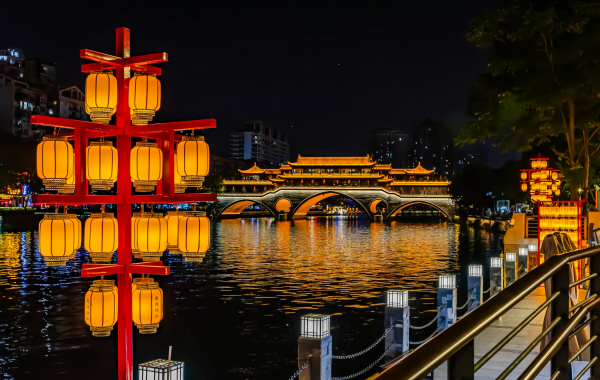 Chengdu Jiuyan Puente: La integración de lo antiguo y lo moderno bajo la Luna Nocturna en Jinjiang y el corredor de fuegos artificiales urbanos-3